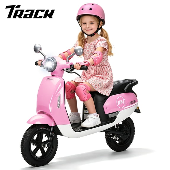 Track Seven 24V Kids Electric Motorcycle, 250W Brushless Motor Ride-on Scooter Moped for Boys Girls Ages 8+, 12" Pneumatic Tires, Bluetooth, Max 10 Mph, Bonus Storage Cover, Pink