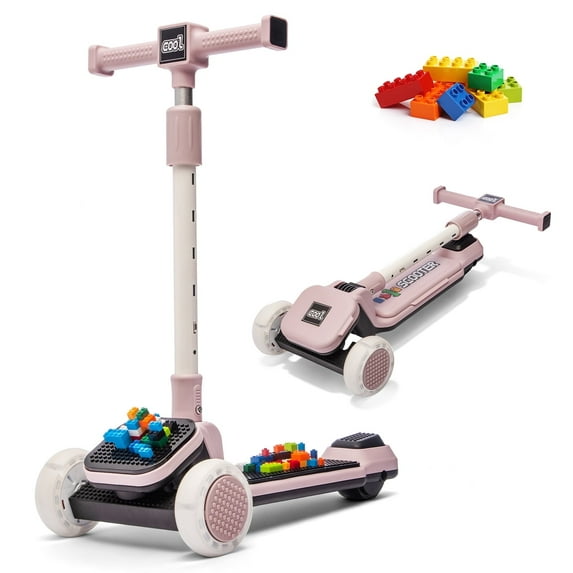 Track Seven Kids Ride On 3-Wheel Scooter W/Buildable Blocks, PU Flashing Wheels, 5-Position Height Adjustable, Folding Kick Scooter for Kids Aged 3+, Purple