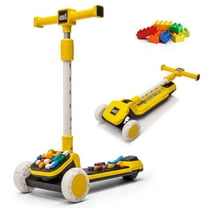 Track Seven Kids Ride On 3-Wheel Scooter W/Buildable Blocks, PU Flashing Wheels, 5-Position Height Adjustable, Folding Kick Scooter for Kids Aged 3 , Yellow