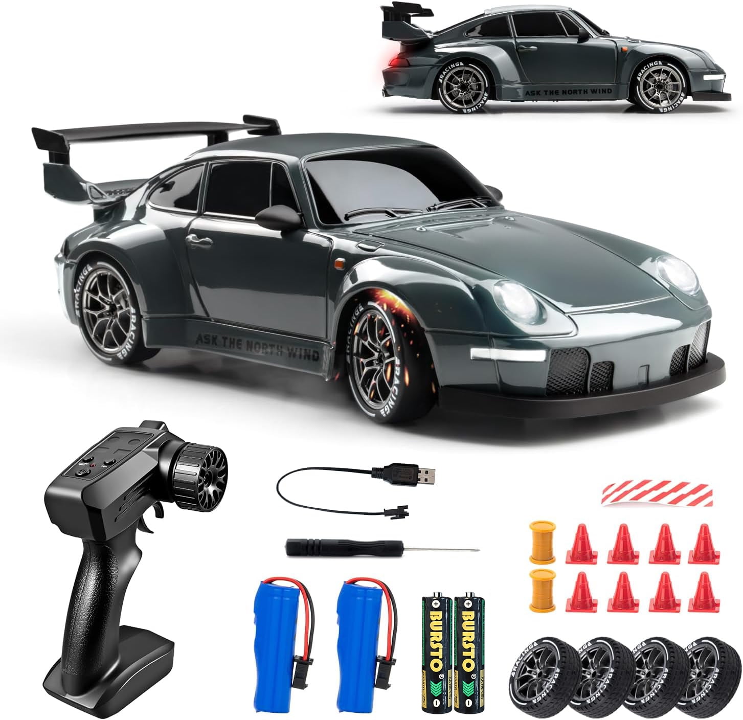 Track Seven RC Drift Car, 1:24 Scale Remote Control Vehicle with LED Lights, 2.4GHz 20KM/H 4WD High Speed RC Cars, Drifting Tires＆Two Batteries, Racing Sports Toy Idea Gift for Adults Boys Girls