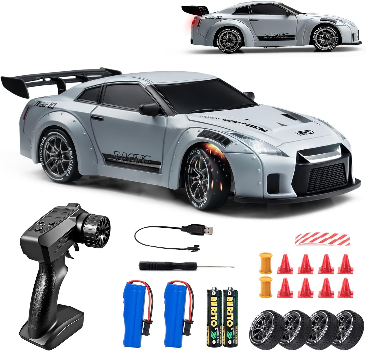 Track Seven RC Drift Car, 1:24 Scale Remote Control Vehicle with LED Lights, 2.4GHz 20KM/H 4WD High Speed RC Cars, Drifting Tires＆Two Batteries, Racing Sports Toy Idea Gift for Adults Boys Girls