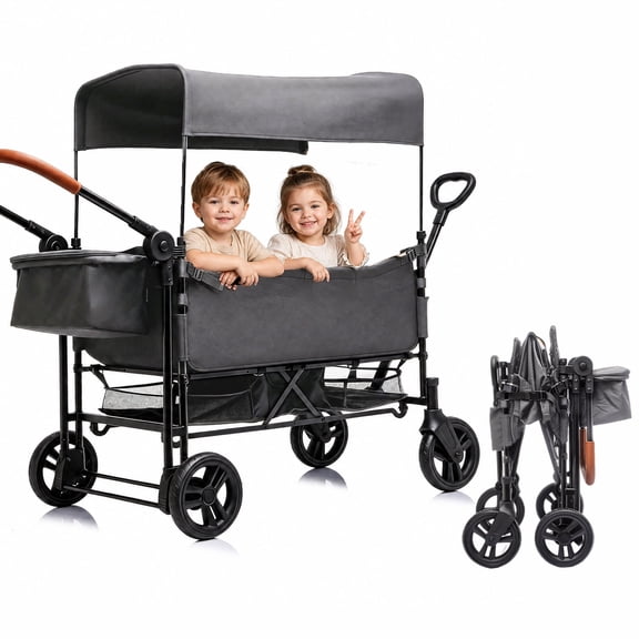 Track Seven Wagon Stroller for 2 Kids, Foldable 2 Seater Wagon with 5-Point Harness, Removable Canopy, Side Zipper Door, All-Terrain PU Wheels, Adjustable Push/Pull Handles & Extra Storage, Grey