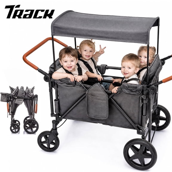 Track Seven Wagon Stroller for 4 Kids, Heavy-Duty 4 Seater Folding Quad Wagon with 5-Point Harness, Removable Sun Canopy & Snack Tray, All-Terrain PU Wheels, Adjustable Handles & Storage Basket, Grey