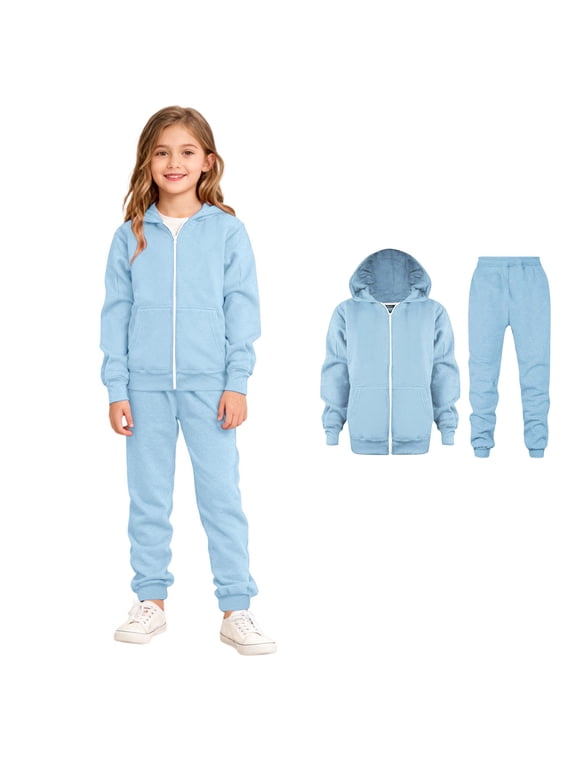 Track Suit for Kids Full Zip Blue Sweatsuit Boys Hooded Sweatshirt and Sweatpants Set Jogger Set for Girls 9-10 Years