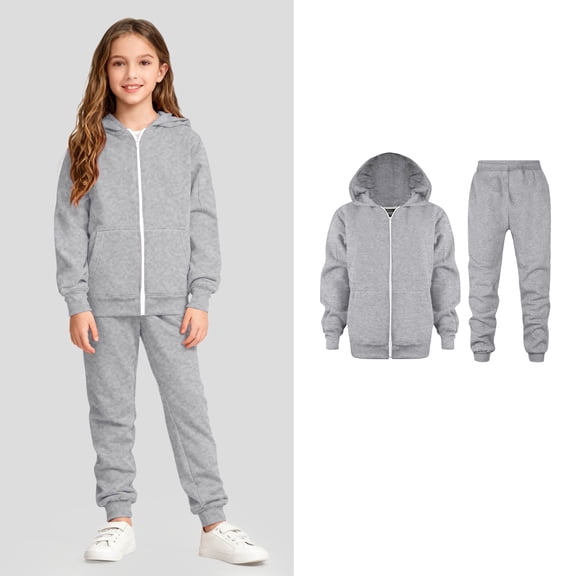 Track Suit for Kids Full Zip Girls Grey Sweatsuit Hooded Sweatshirt Sweatpants Set Kids Sweatsuits 2 Piece Set 5-6 Years