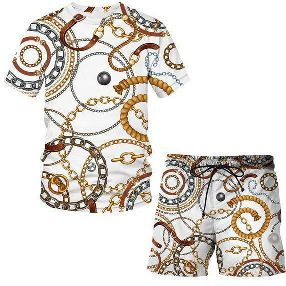 Track Suits For Men Set Gold Chain 3D Digital Printing Shorts Tracksuit