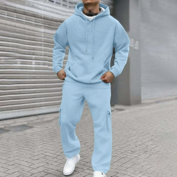 Track Suits Mens 2 Piece Set Sweatsuits Hoodie and Sweatpants Workout Gym Jogging Sweat Suits Lounge Outfit Light Blue XL