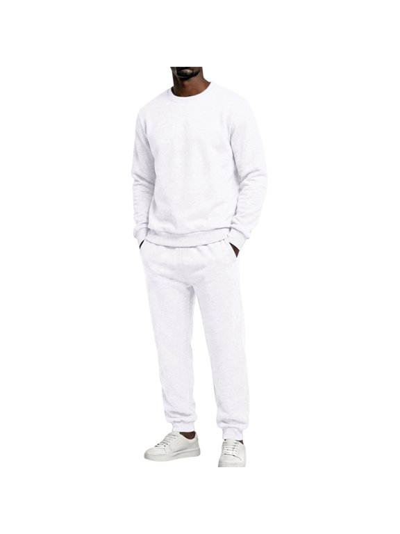 Track Suits Mens Basic Long Sleeve Crew Neck Sweatshirts Matching Baggy Joggers Lounge Winter 2026 Track Suits with Pockets White L