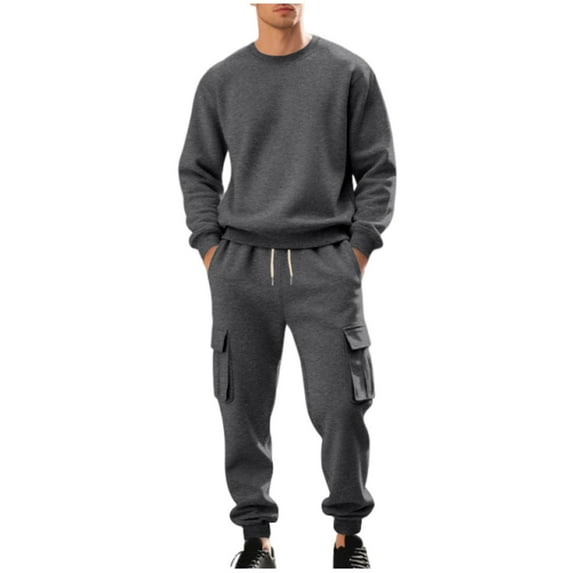 Track Suits for Men Set Casual Pullover Sweatshirt and Cargo Pants with Drawstring Waist Workout Sportswear Outfits, L