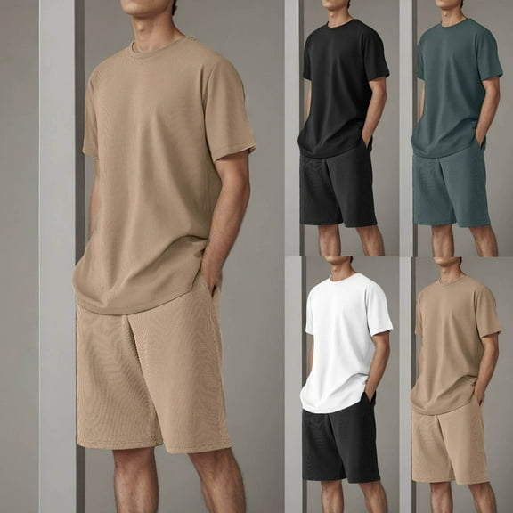 Track Suits for Men Set Crew Neck Short Sleeve Pullover Blouse Shorts Sets Man Color Blocked Casual Leisure Sport Running Suit 2PCS Sets