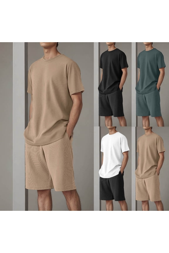 Track Suits for Men Set Crew Neck Short Sleeve Pullover Blouse Shorts Sets Man Color Blocked Casual Leisure Sport Running Suit 2PCS Sets