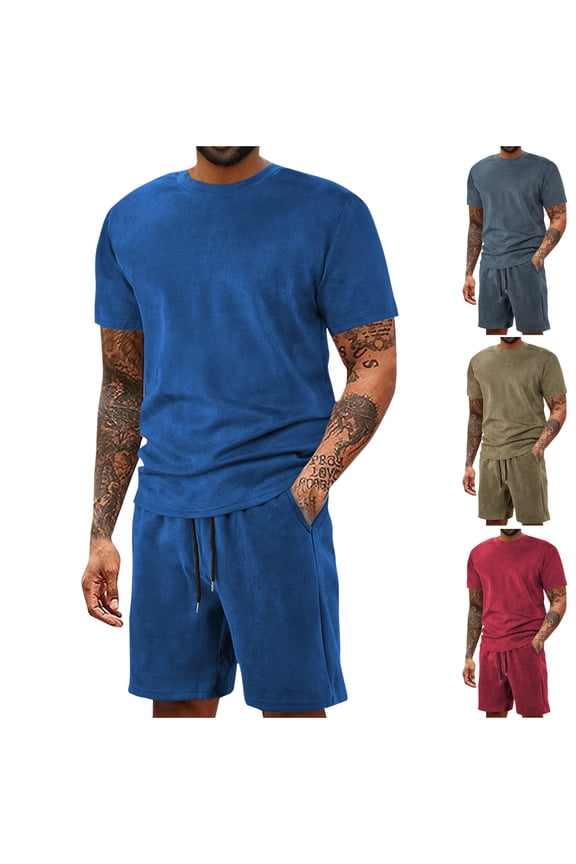 Track Suits for Men Set Crew Neck Short Sleeve Shirts Short Pants Man Leisure Solid Color Casual Outdoor Sport 2PCS Sets Men's Clothing Sets