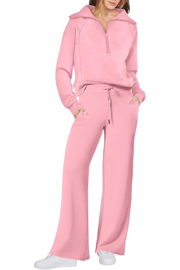 Track Suits for Women Set 2 Piece Lounge Set Lapel Half Zip Sweatshirt Wide Leg Pants Tracksuit Fall Travel Outfits