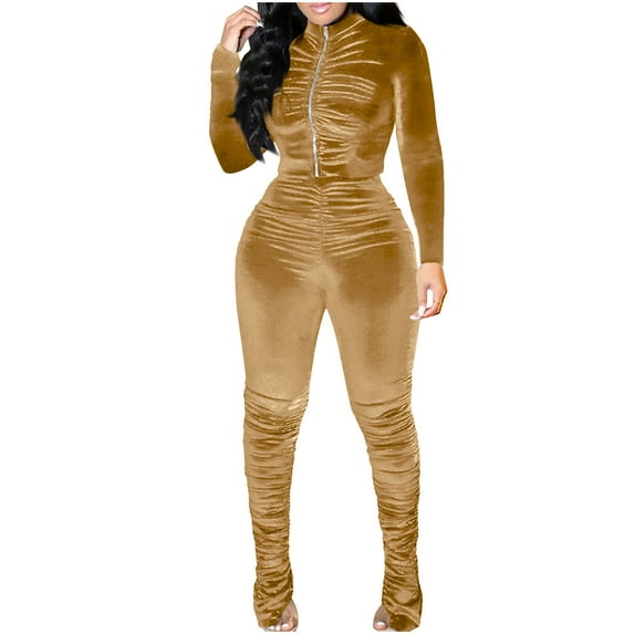 Track Suits for Women Set 2 Piece Sweatsuits Outfits Velour Ruched Long Sleeve Zip Up Jacket with Pants Sets (S, Khaki)