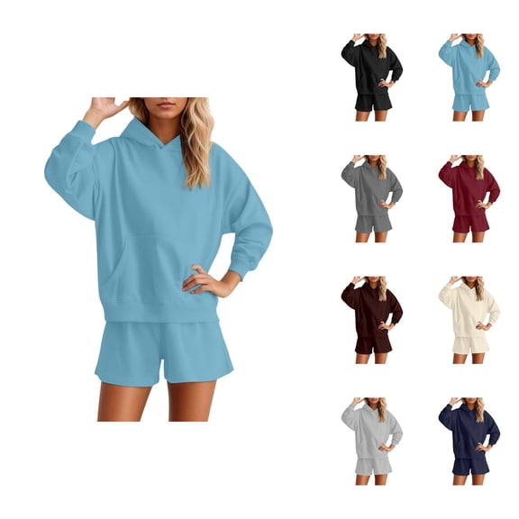 Track Suits for Women Set 2025 Long Sleeve Basic Hoodie and Shorts 2 Piece Matching Sweatsuit Lounge Set