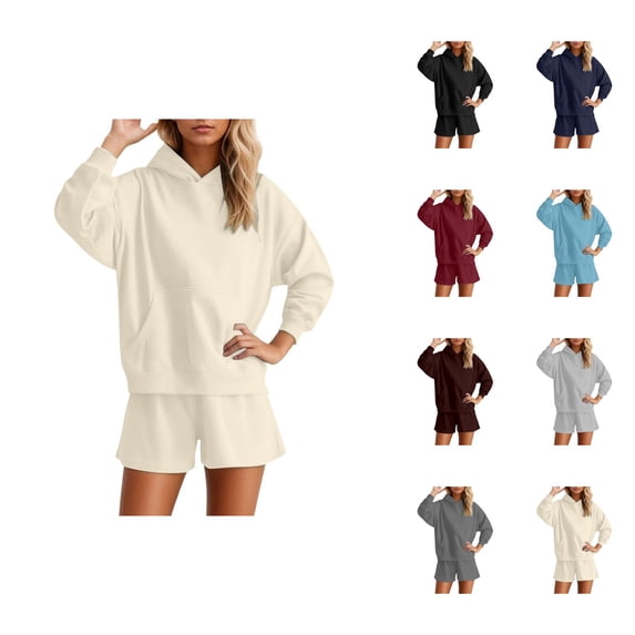 Track Suits for Women Set 2025 Long Sleeve Basic Hoodie and Shorts 2 Piece Matching Sweatsuit Lounge Set