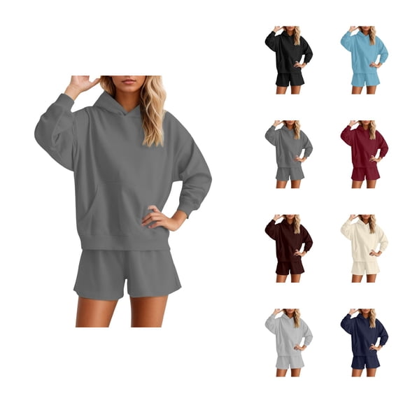 Track Suits for Women Set 2025 Long Sleeve Basic Hoodie and Shorts 2 Piece Matching Sweatsuit Lounge Set