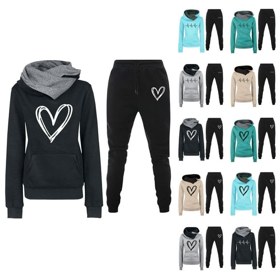 Track Suits for Women Set Heart Graphic Hoodie and Jogger Sweatpants 2 Piece Matching Sweatsuit Lounge Set