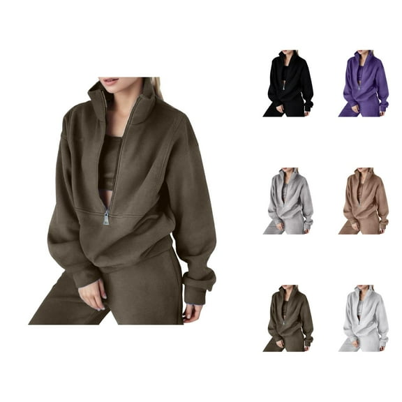 Track Suits for Women Set Lapel Collar Half Zip Sweatshirt and Jogger Sweatpants 2 Piece Matching Sweatsuit Lounge Set