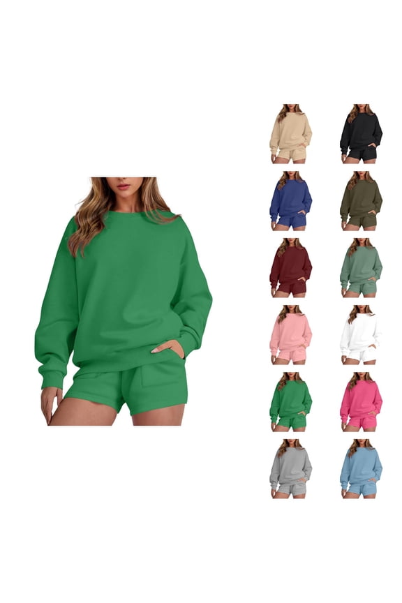 Track Suits for Women Set Long Sleeve Crewneck Sweatshirt and Shorts 2 Piece Matching Set Spring Fall Sweat Shorts Sets