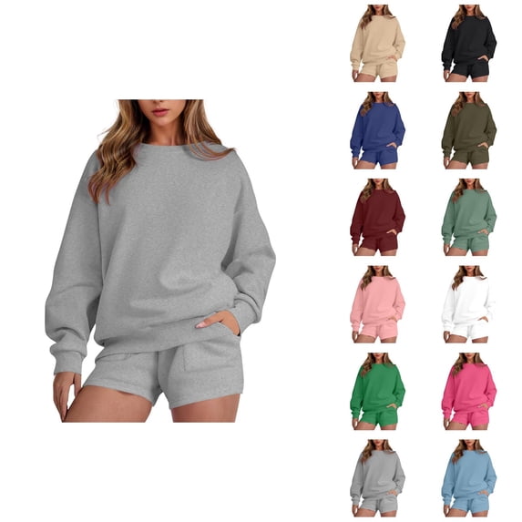 Track Suits for Women Set Long Sleeve Crewneck Sweatshirt and Shorts 2 Piece Matching Set Spring Fall Sweat Shorts Sets