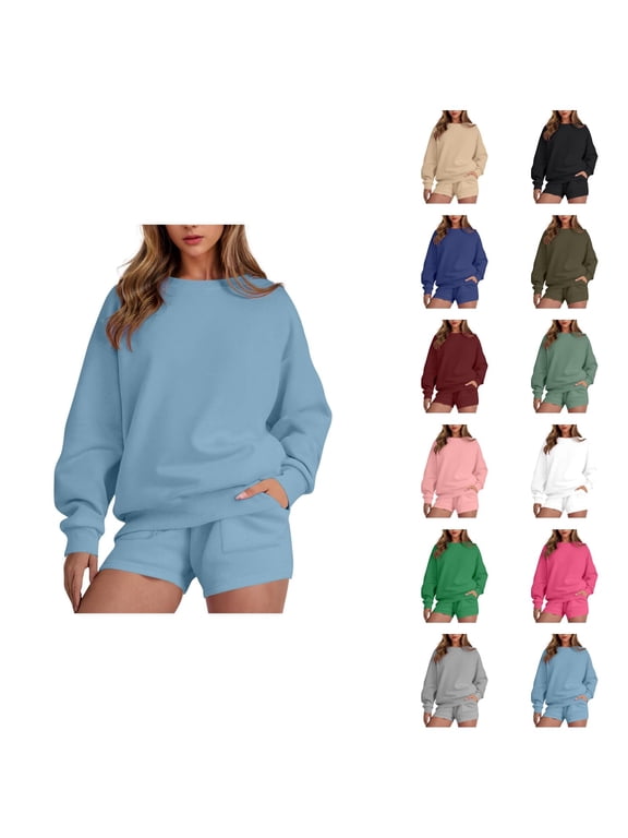 Track Suits for Women Set Long Sleeve Crewneck Sweatshirt and Shorts 2 Piece Matching Set Spring Fall Sweat Shorts Sets