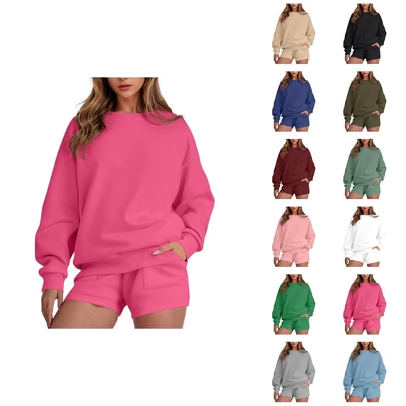 Track Suits for Women Set Long Sleeve Crewneck Sweatshirt and Shorts 2 Piece Matching Set Spring Fall Sweat Shorts Sets