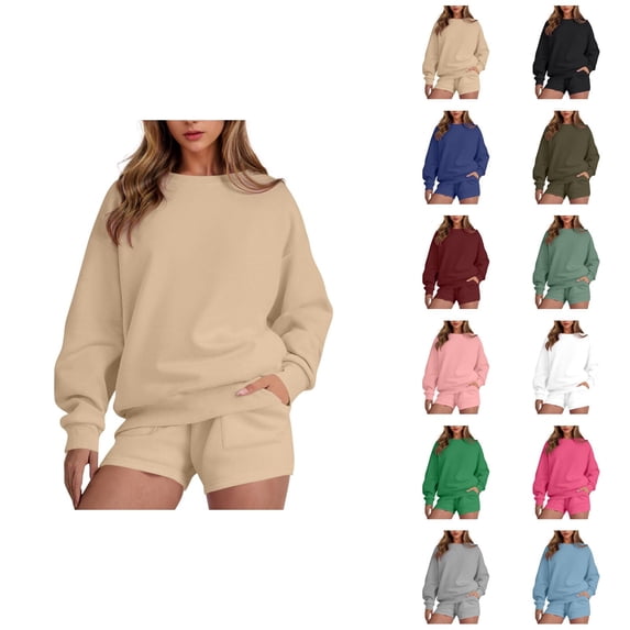Track Suits for Women Set Long Sleeve Crewneck Sweatshirt and Shorts 2 Piece Matching Set Spring Fall Sweat Shorts Sets