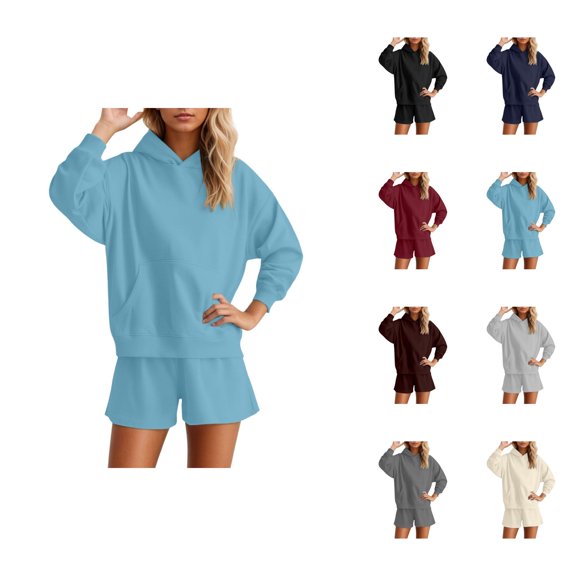 Track Suits for Women Set Long Sleeve Pullover Hoodie and Shorts 2 Piece Matching Set Sweat Shorts Sets Loungewear