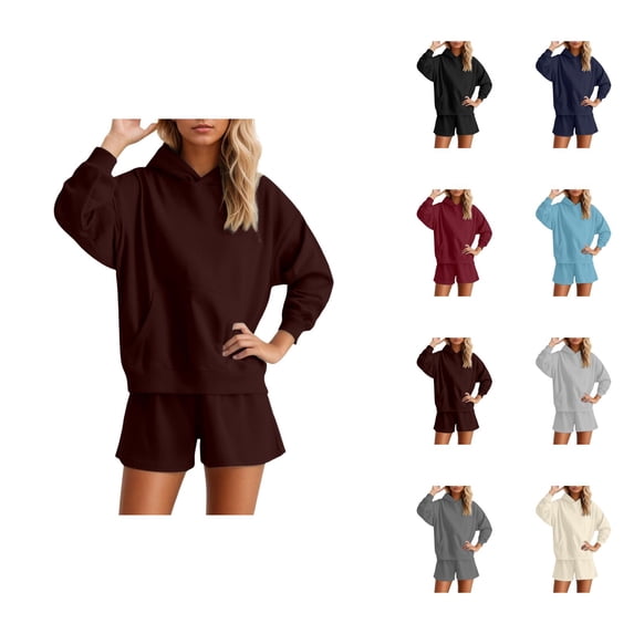 Track Suits for Women Set Long Sleeve Pullover Hoodie and Shorts 2 Piece Matching Set Sweat Shorts Sets Loungewear