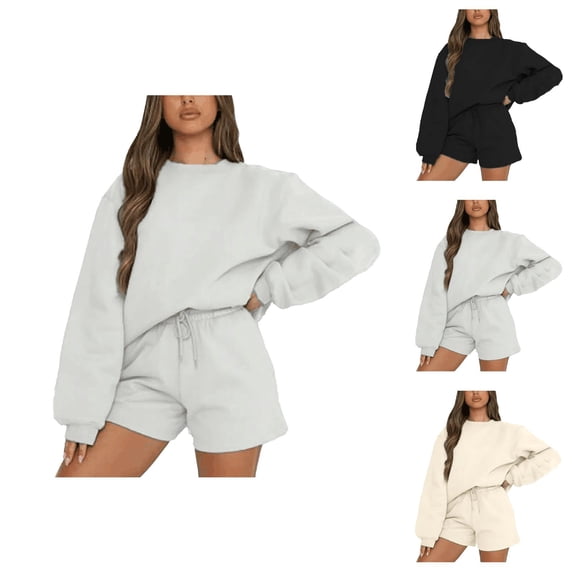 Track Suits for Women Set Oversized Long Sleeve Crewneck Sweatshirt and Shorts 2 Piece Matching Set Sweat Shorts Sets