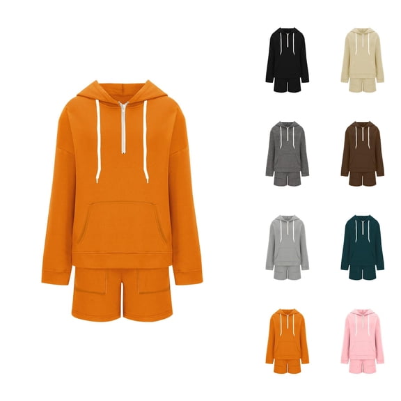 Track Suits for Women Set Plain Half Zip Hoodie and Shorts 2 Piece Matching Sweatsuit Travel Lounge Set