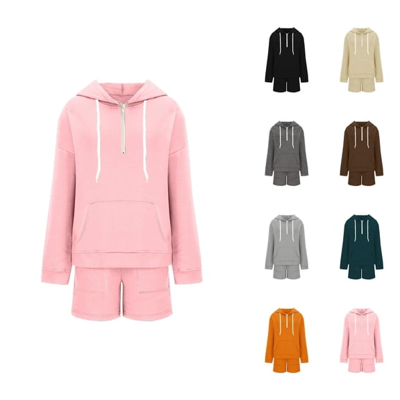 Track Suits for Women Set Plain Half Zip Hoodie and Shorts 2 Piece Matching Sweatsuit Travel Lounge Set