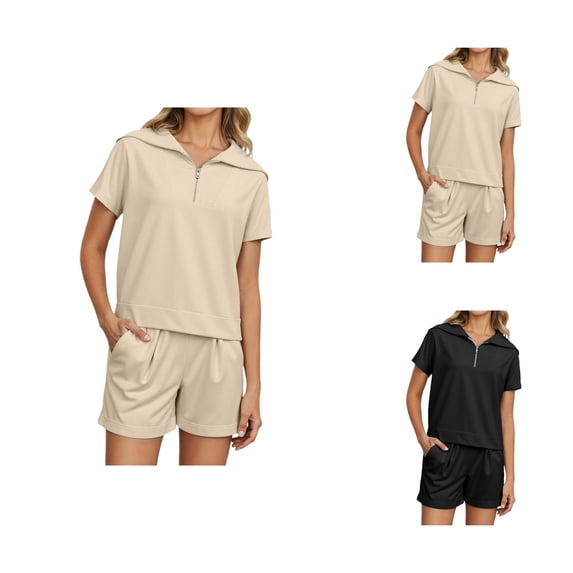 Track Suits for Women Set Short Sleeve Quarter Zip Lapel Collar Sweatshirt and Shorts 2 Piece Matching Set Sweat Shorts Sets