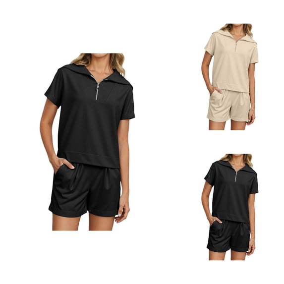 Track Suits for Women Set Short Sleeve Quarter Zip Lapel Collar Sweatshirt and Shorts 2 Piece Matching Set Sweat Shorts Sets