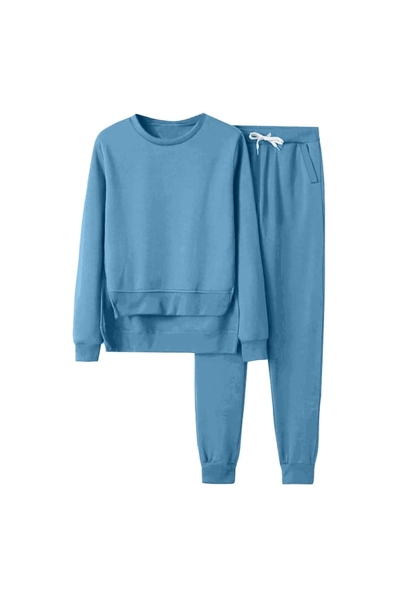 Track Suits for Women Set Solid Plus Size Crewneck High Low Hem Sweatshirt and Sweatpants Workout 2 Piece Outfits(Blue,L)