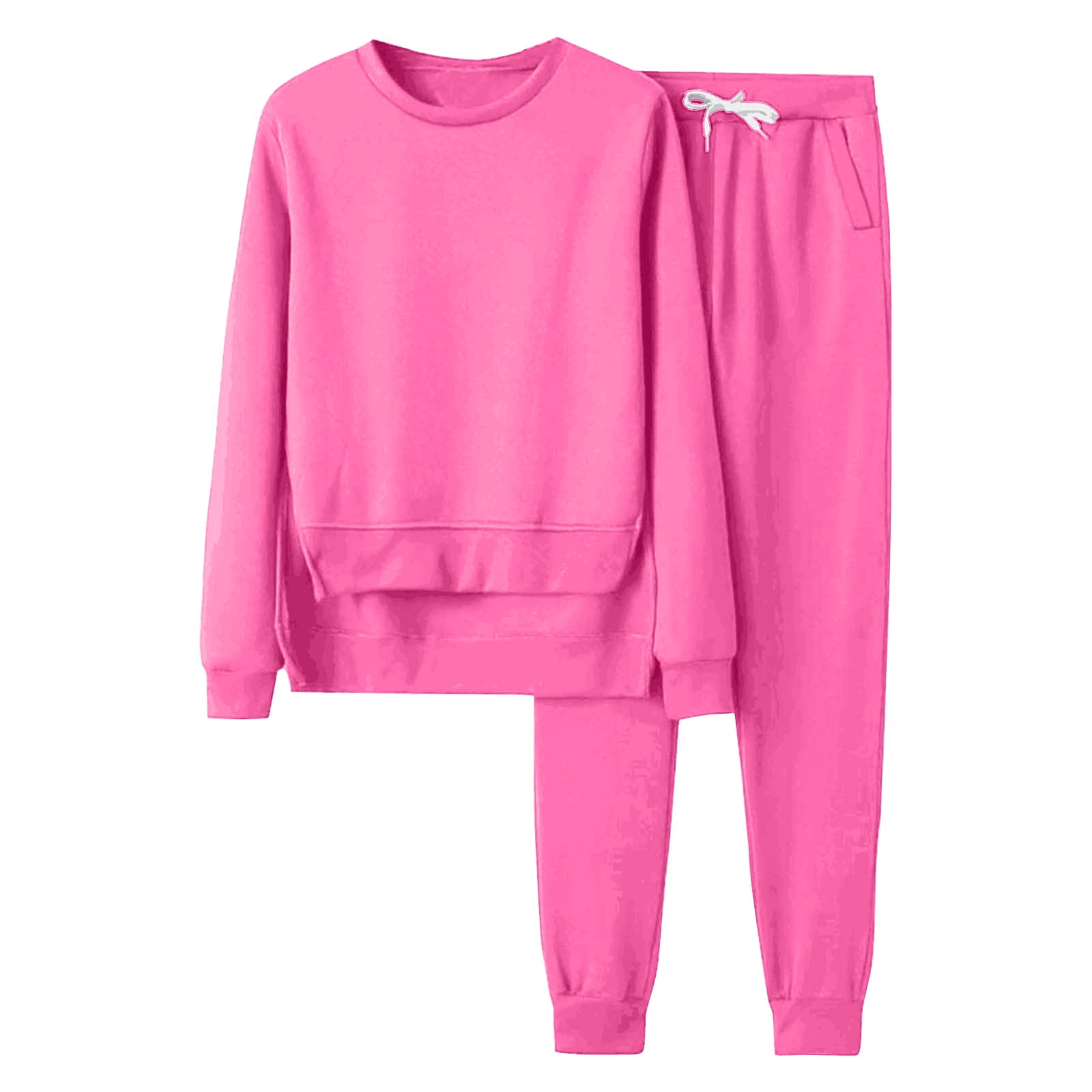 Track Suits for Women Set Solid Plus Size Crewneck High Low Hem Sweatshirt and Sweatpants Workout 2 Piece Outfits Hot Pink XXL