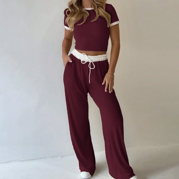 Track Suits for Women Set Womens Loungewear Ribbed Set, Cropped T-Shirt Drawstring Wide Leg Pants, Daily Streetwear Sports Outfits Wine L