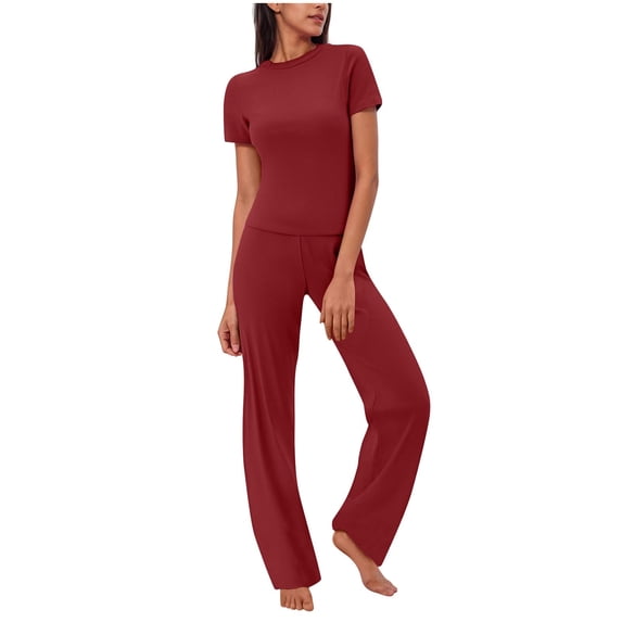 Track Suits for Women Summer Cool Short Sleeve Crew Neck T-shirts Elastic Long Pants Sports Athletic Workout Sets