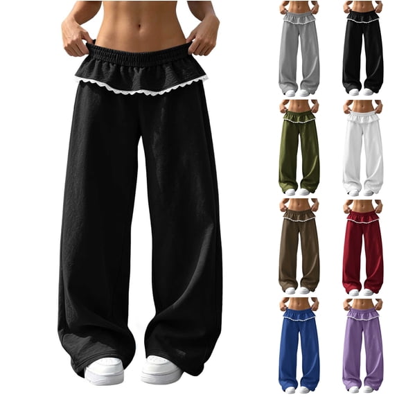 Track Sweatpants with Lace Pockets for Women Fashion Solid Color Loose Elastic Waist High Waist Straight Leg Long Pants
