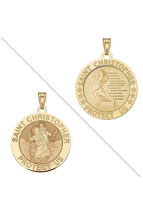Track and Field - Saint Christopher Doubledside Sports Religious Medal 1 in Solid 14K Yellow Gold