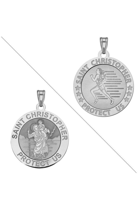 Track and Field - Saint Christopher Doubledside Sports Religious Medal 3/4 Inch Solid 14K White Gold