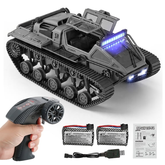 Tracked RC Car Off Road Vehicle, RC Military Tank Armored Car, 4WD All Terrain Remote Control Tank Toy with 2.4GHz Proportional Control, LED Lights, Dual Battery, High Speed RC Truck for Kids