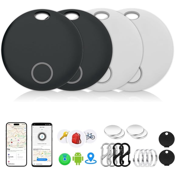 Tracker Tags 4 Pack, Luggage Tracking Tags Compatible with with TUYA APP,Both iOS and Android Compatible, Key Finder Locator with Sound,Smart Tag,Item Finder for Keys, Bags, Suitcases,Black and White