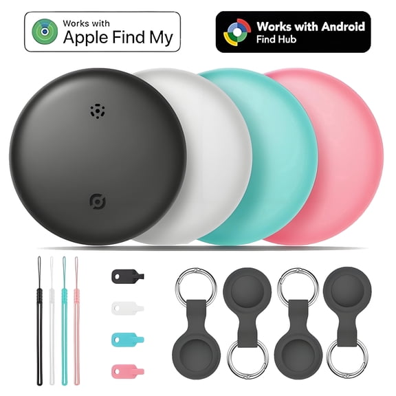 Tracker Tags Compatible for Android and Apple,Apple Find My and Google Find Hub,4 Packs Bluetooth Item Locator,110dB Sound Alert,IP66 Waterproof,Replaceable Battery,Anti-Lost Tag