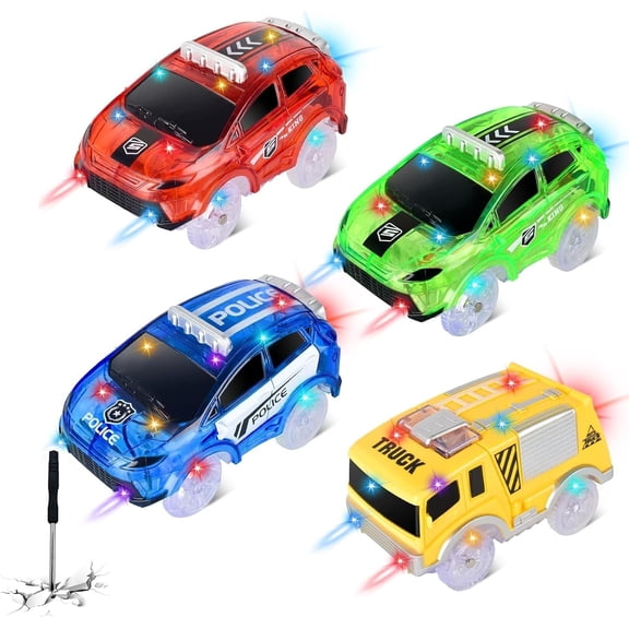 Tracks Cars Only Replacement, Flex Track Race cars for Magic Tracks Glow in the Dark, LED Lights Up Battery Operated Snap N Glow Trax cars Accessories, Compatible with Most Car Tracks  4Pack