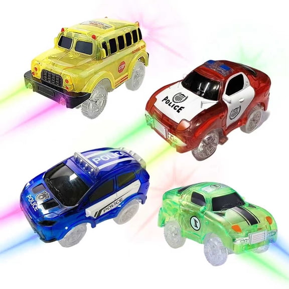Tracks Cars Only Replacement, Flex Track Race cars for Magic Tracks Glow in the Dark, LED Lights Up Battery Operated Snap N Glow Trax cars Accessories, Compatible with Most Car Tracks4pack
