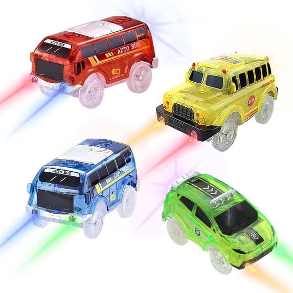 Tracks Cars Only Replacement, Flex Track Race cars for Magic Tracks Glow in the Dark, LED Lights Up Battery Operated Snap N Glow Trax cars Accessories, Compatible with Most Car Tracks (4pack