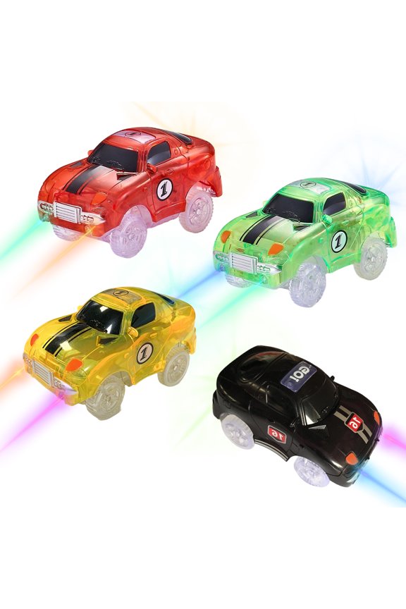 Tracks Cars Only Replacement, Flex Track Race cars for Magic Tracks Glow in the Dark, LED Lights Up Battery Operated Snap N Glow Trax cars Accessories, Compatible with Most Car Tracks (4pack)