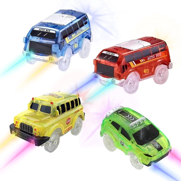 4-Pack Light-Up Cars for Magic-Tracks with LED Lights up Battery Operated , Race Car Accessories, Compatible with Most Car-Tracks for Kids